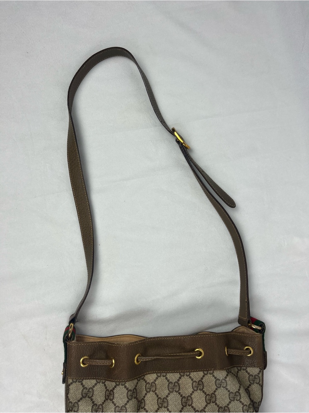 GUCCI Sherry Line Drawstring Shoulder Bag & Dustbag GG Brown Monogram VTG Italy - Picture 8 of 16